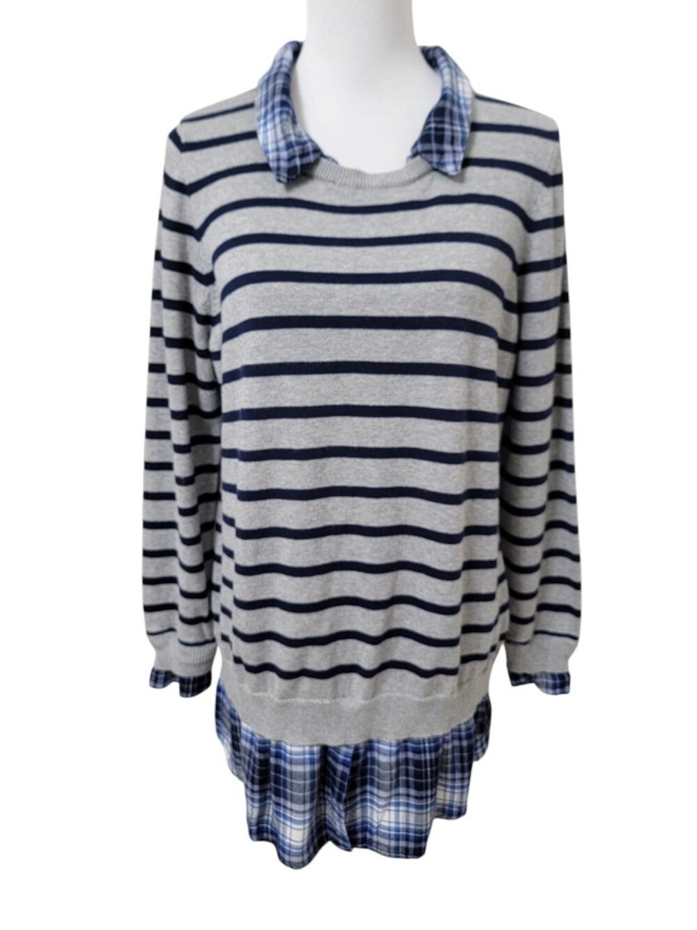 intro. Size 1X Blue & Gray Stripe Sweater over Blue Plaid Flannel Faux Shirt